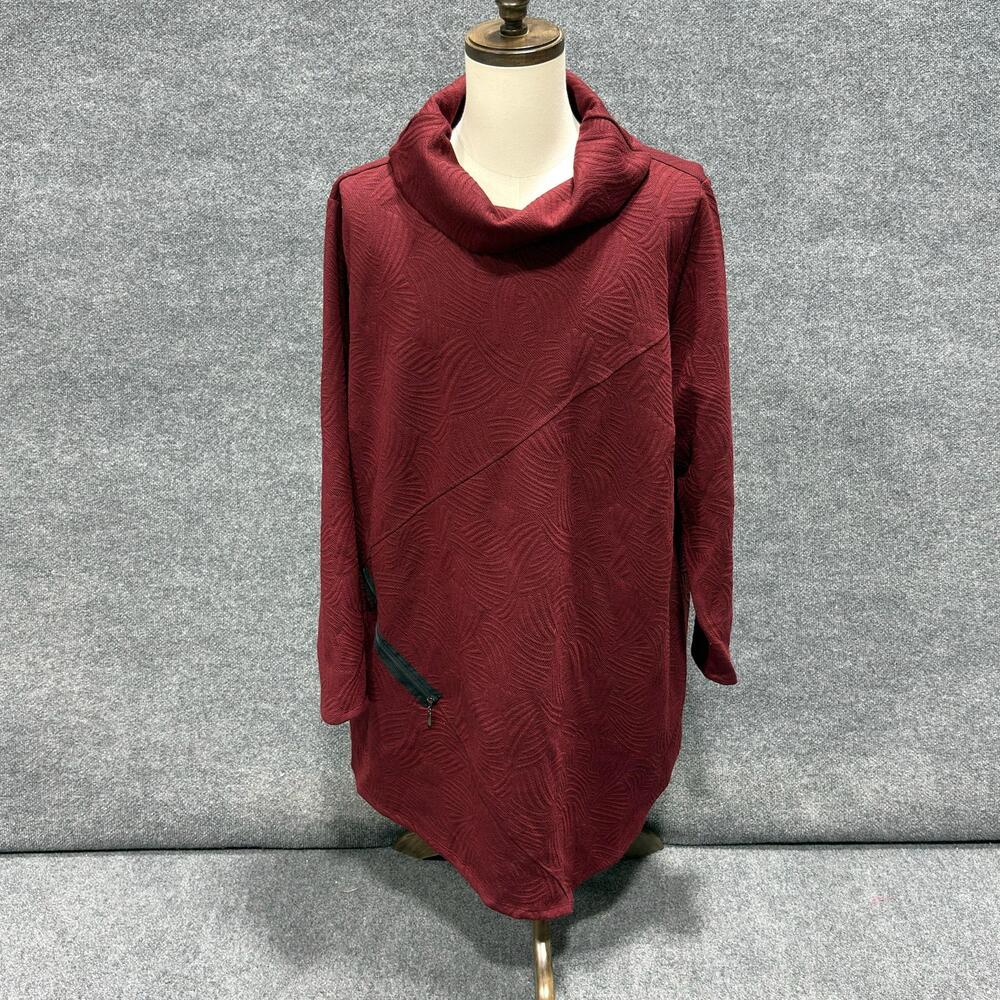 Evans Tunic Top Womens 26/28 Red Cowl Neck Textured Knit Long Sleeve Zip Pocket